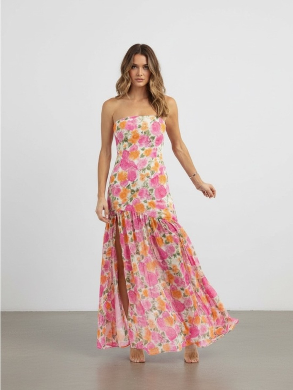 Floral Strapless Pink & Orange Maxi Sundress